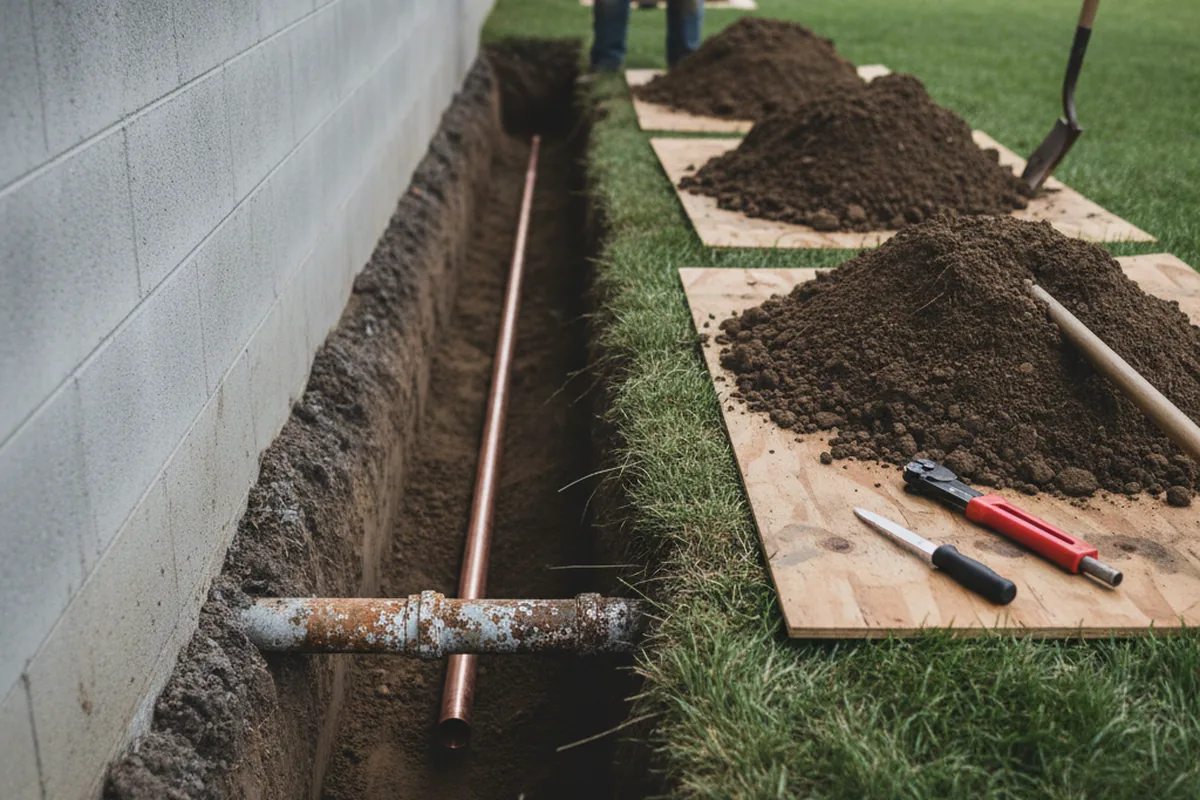 Excavated water line trench during Water Softener Installation in Hardeeville